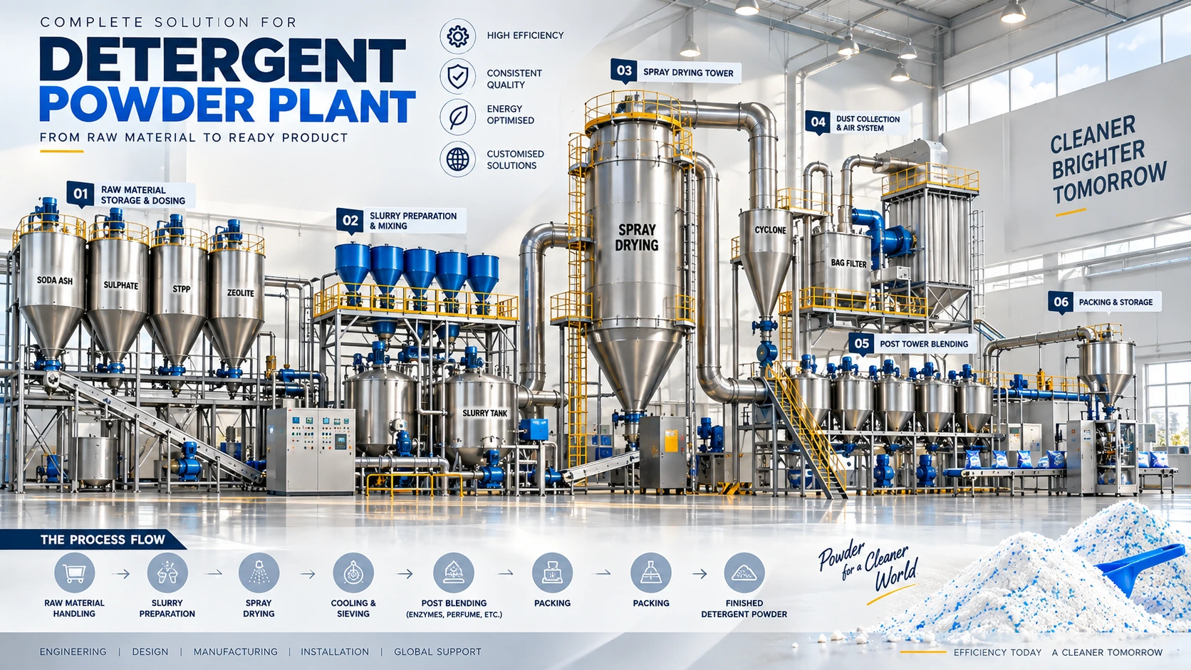 Spray drying detergent powder plant with tower, cyclone and hot air generator